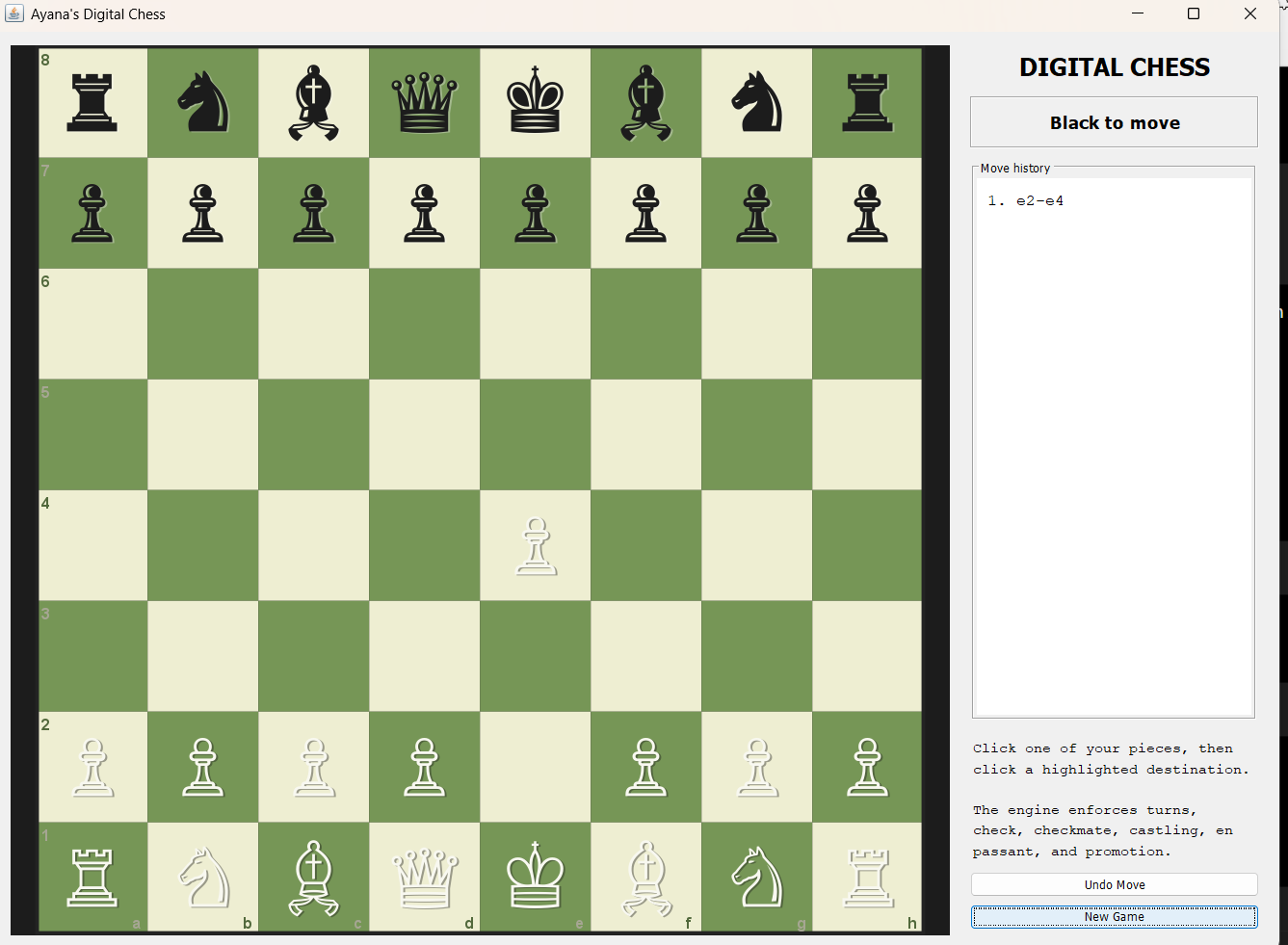 Digital Chess game interface